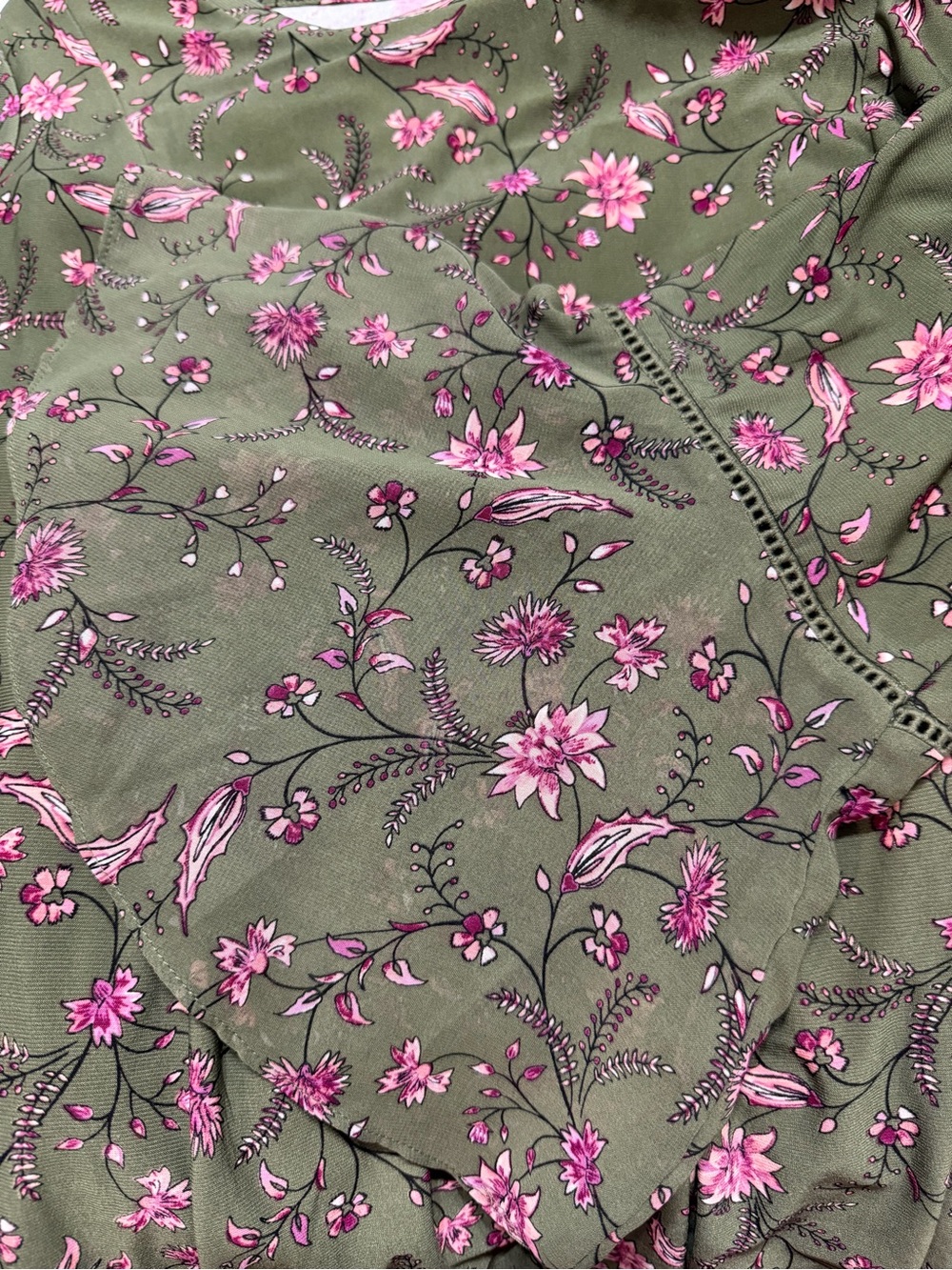 Westport Olive Floral Ruffled-Sleeve Peplum Top - Size L EUC - Picture 7 of 11